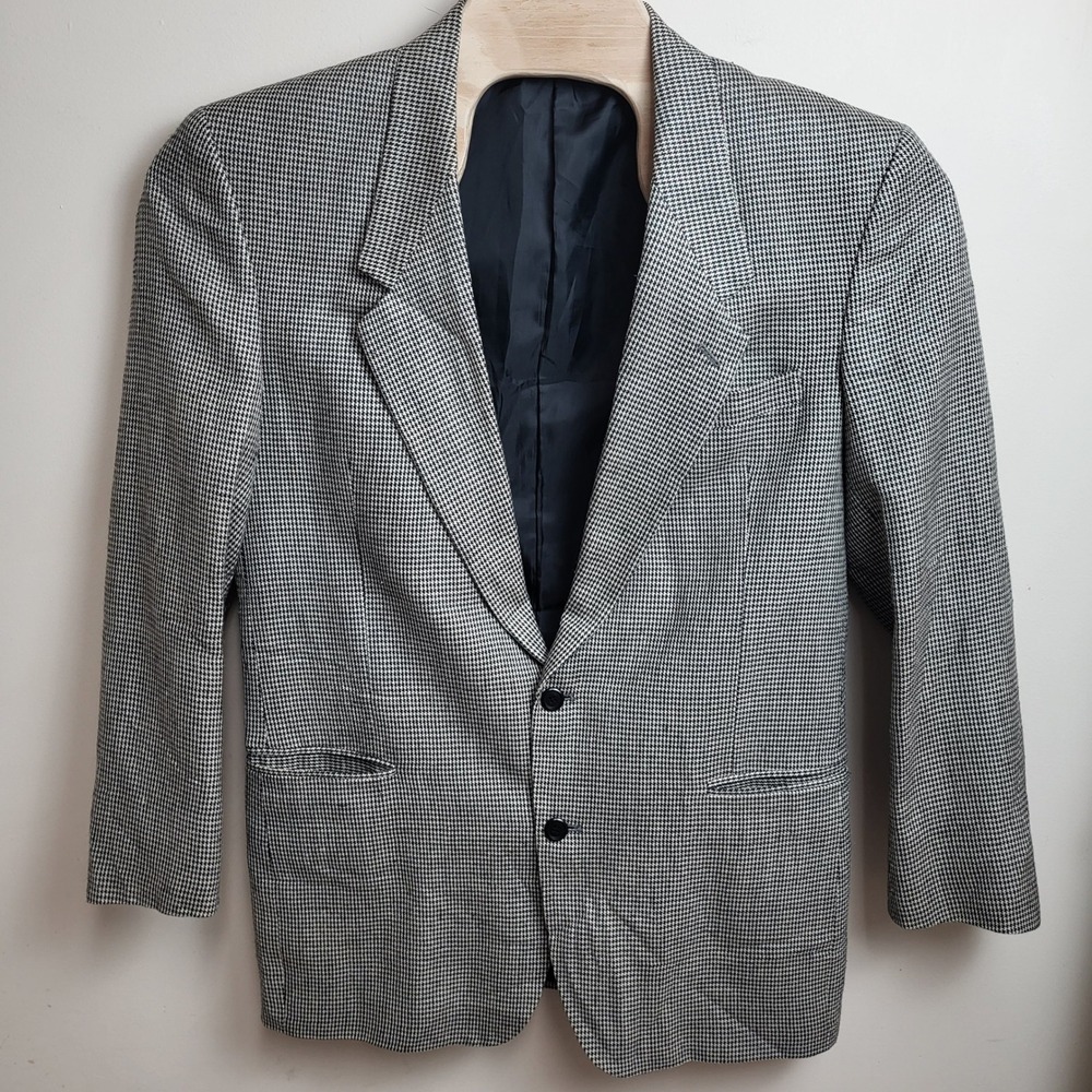 London Square Men's 40L‎ Houndstooth Blazer Jacket 2 Button Silk Wool Blend